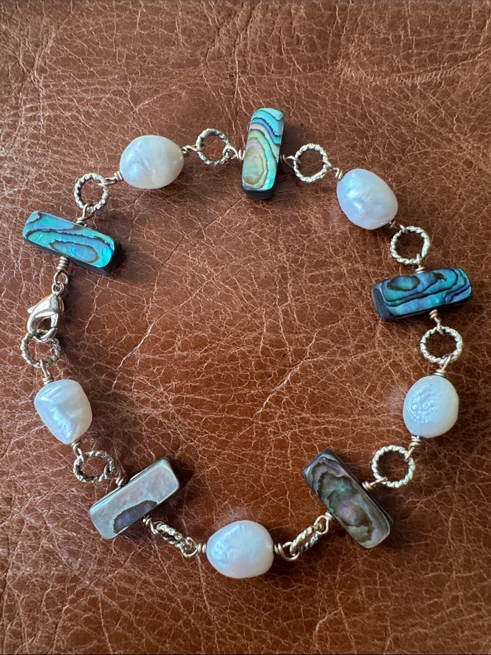 14 karat gf Pearl and Abalone Link Bracelet